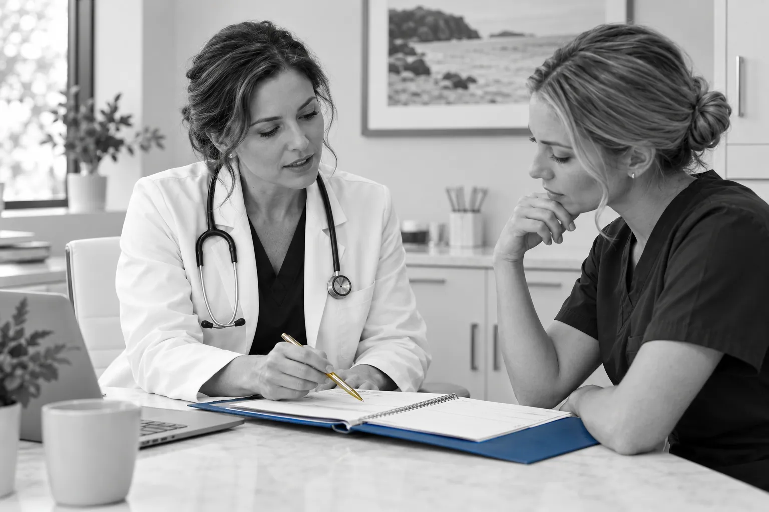 A medical practice owner and colleague reviewing plans in a consultation room